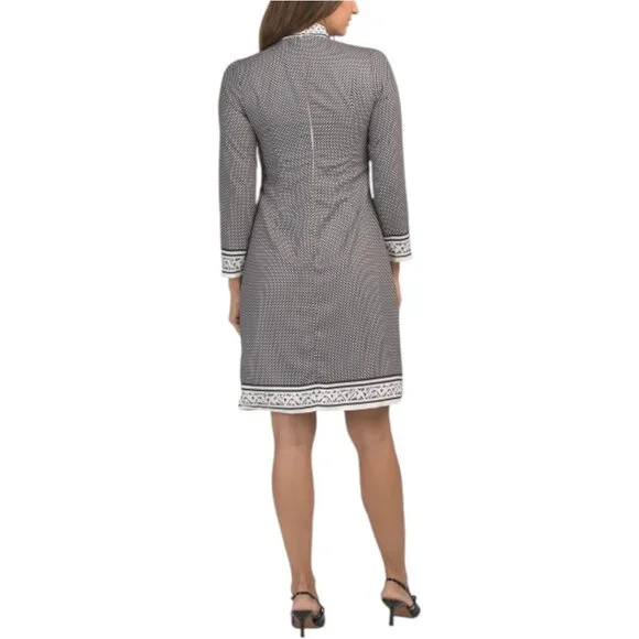 DALIA MACPHEE Long Sleeve Tie Neck Border Print Mini Dress - Picture 2 of 4